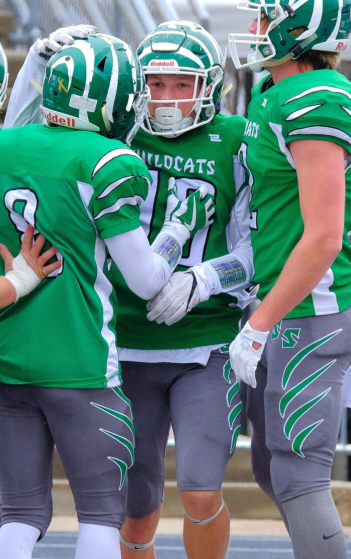 (Leah Hogsten  |  The Salt Lake Tribune) South Summit's Keegan Stracher celebrates his touchdown.   South Summit High School boys' football team leads Grand County High School 34-3 during their class 2A state semifinal football game Saturday, November 4, 2017 at Weber State University's Stewart Stadium.