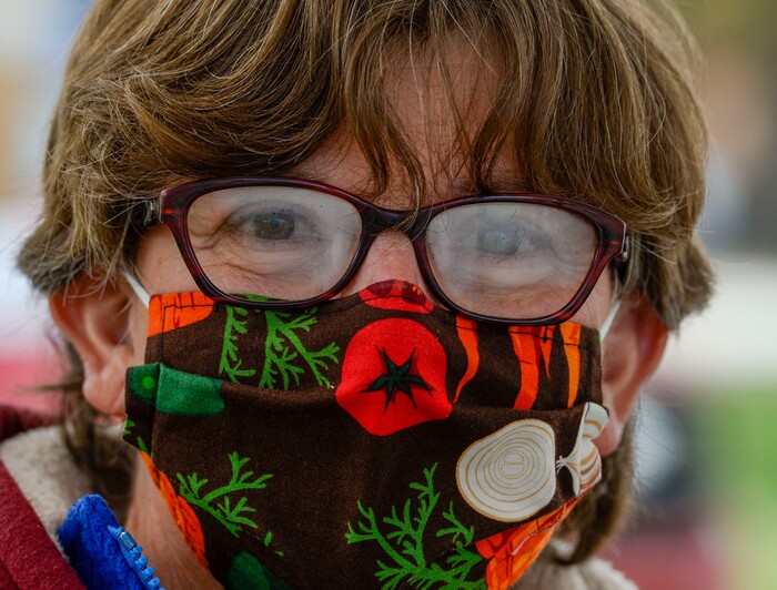 (Leah Hogsten  |  The Salt Lake Tribune) "We've done better than we thought we would," said Tamara Hed, of the final day of the Salt Lake City Farmer's Market, Oct. 24, 2020. Hed and her husband Randy are farmers from Bothwell who sell vegetables and greens at their Blue Spring Farm tent. "There's been less people, but the people here are motivated to buy."