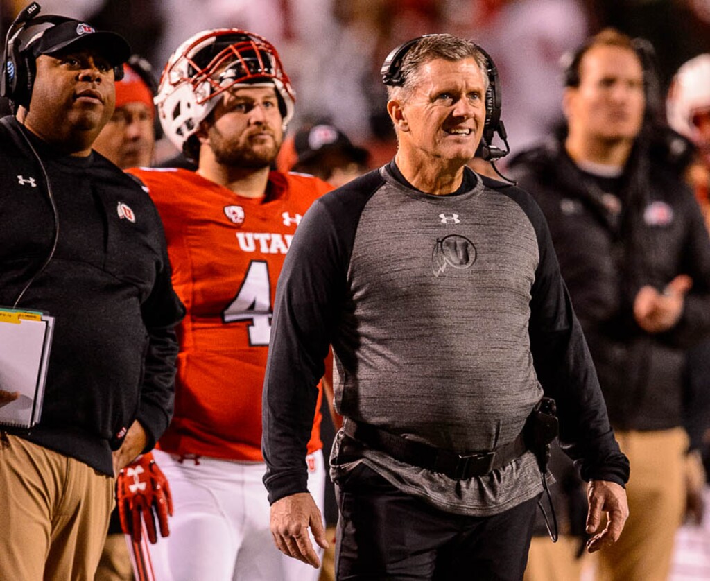 (Trent Nelson | The Salt Lake Tribune)  Utah Utes coach Kyle Whittingham looks on as the University of Utah hosts Washington State, NCAA football in Salt Lake City, Saturday November 11, 2017.