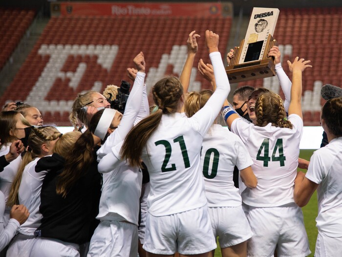 (Francisco Kjolseth  |  The Salt Lake Tribune) Olympus celebrates their win over Bonneville in overtime following their 5A high school girls championship game at Rio Tinto Stadium in Sandy on Friday, Oct. 23, 2020. Bonneville won 1-0 in overtime.
