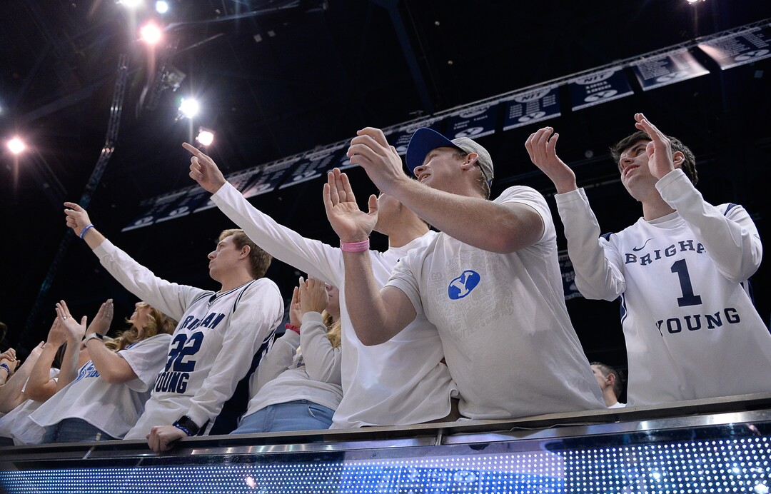 (Francisco Kjolseth  |  The Salt Lake Tribune) The BYU student section cheers on the team as they host the Santa Clara Broncos at the Marriott Center in Provo, Thursday, Feb. 20, 2020. BYU won 85-75.