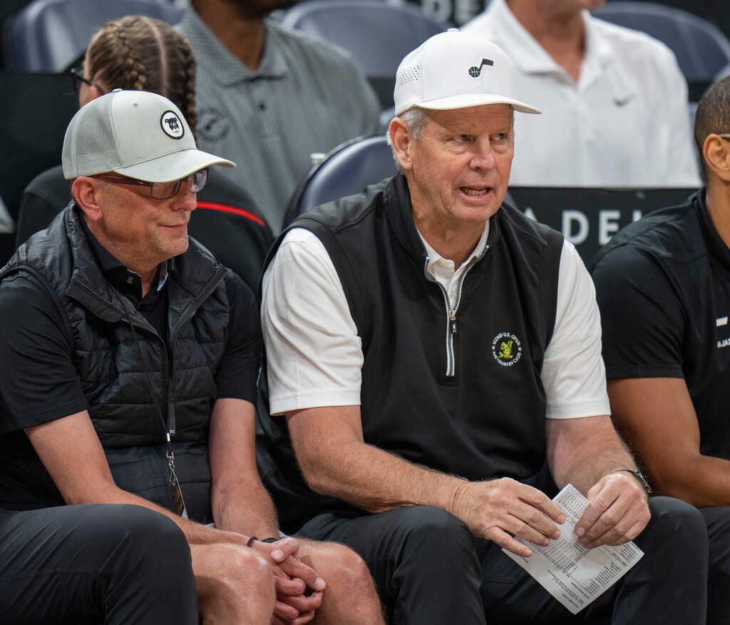 (Rick Egan | The Salt Lake Tribune) Utah Jazz General Manager and Justin Zanik and Danny Ainge watch the Utah Jazz play in Summer League Action between the Utah Jazz and the Memphis Grizzlies, at the Delta Center, on Monday, July 8, 2024.