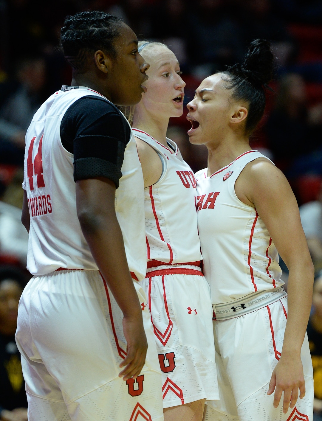 (Francisco Kjolseth  |  The Salt Lake Tribune)  Utah Utes guard Dru Gylten (10) is celebrated by her team in a hard fought point against ASU in Utes' Pac-12 home opener at the Jon M Huntsman Center on Friday, Jan. 4, 2019. They're off to one of their best starts in team history.