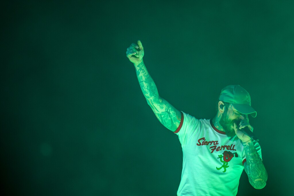(Trent Nelson  |  The Salt Lake Tribune) Post Malone performs at Rice-Eccles Stadium in Salt Lake City on Tuesday, April 29, 2025. Malone was named in a lawsuit over his "Tommy Lee" music video on Friday.