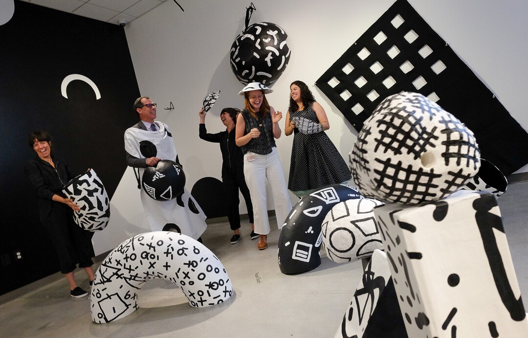 (Francisco Kjolseth  |  The Salt Lake Tribune)  Las Hermanas Iglesias and the ACME Lab team have some fun with the interactive ever-changing exhibition meant to be handled, moved, worn and played with that is the first installment of the The Utah Museum of Fine Arts ACME Lab (Art, Community, Museum, Education). The community space is designed for creative experimentation where visitors are encouraged to engage with art in fun new ways. 