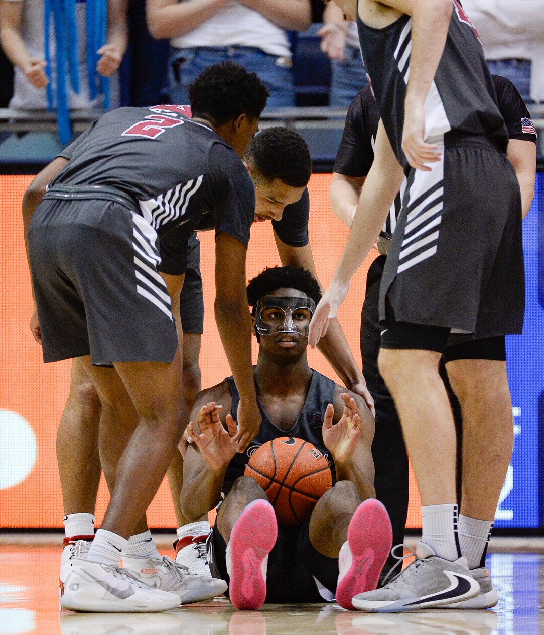 (Francisco Kjolseth  |  The Salt Lake Tribune) Santa Clara Broncos guard Trey Wertz (3) takes a little extra time on the ground following a foul in the second half as the Brigham Young Cougars host the Santa Clara Broncos at the Marriott Center in Provo, Thursday, Feb. 20, 2020. BYU won 85-75.