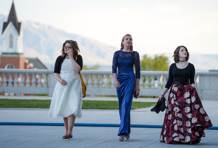 (Leah Hogsten  |  The Salt Lake Tribune) l-r Tirzah Barnhill, Glory Anderson and Courtney Lunt walk around the grounds of the Capitol. Three virtual charter schools, Utah Virtual Academy, Utah Connections Academy and Mountain Heights Academy, co-hosted prom for their students, Friday, April 27, 2018. 