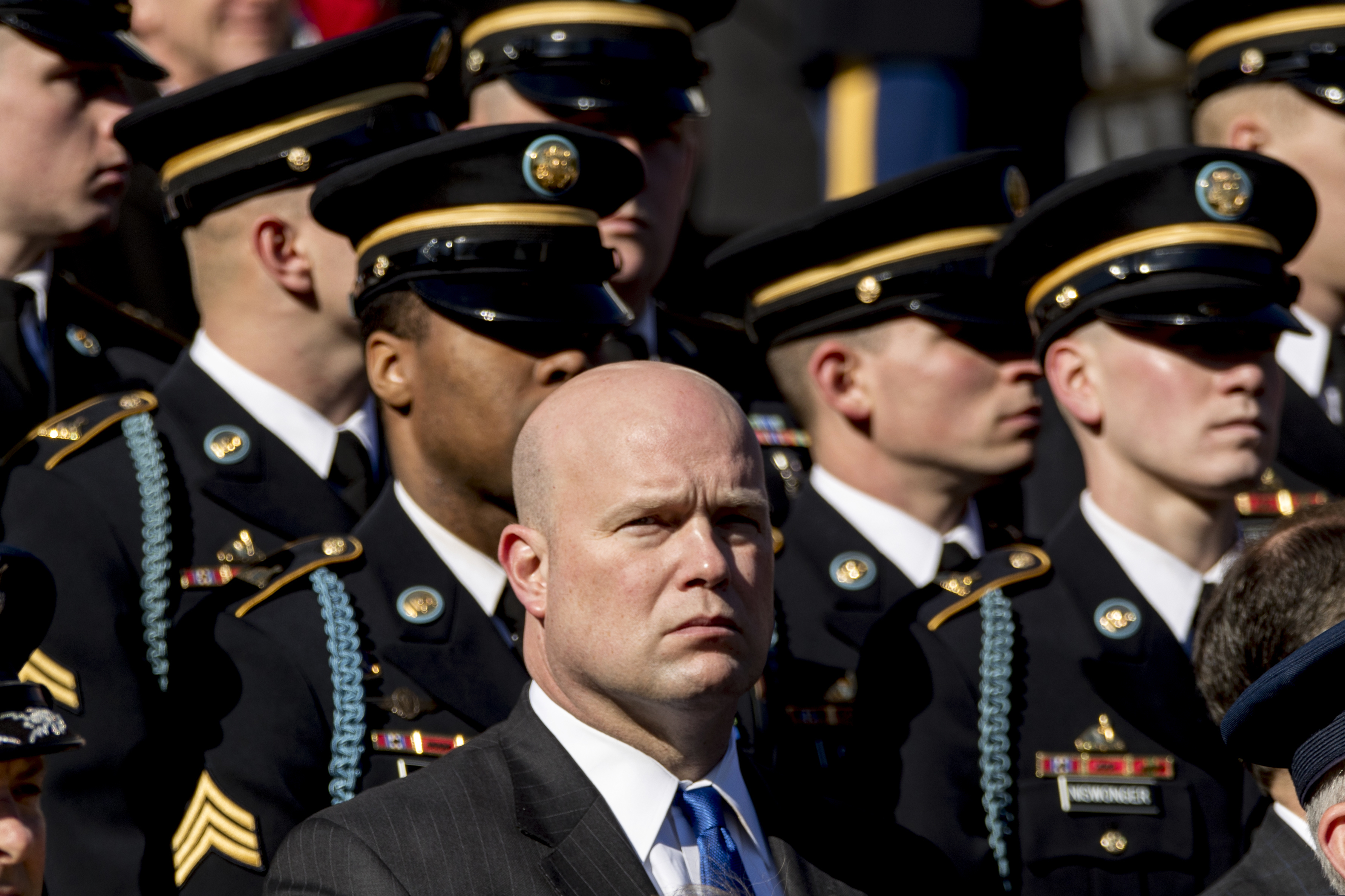 Acting United States Attorney General Matt Whitaker, center, attends a wreath laying ceremony at the Tomb of the Unknown Soldier during a ceremony at Arlington National Cemetery on Veterans Day, Sunday, Nov. 11, 2018, in Arlington, Va. (AP Photo/Andrew Harnik)