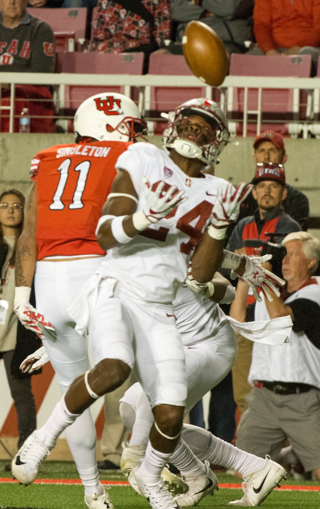 (Rick Egan  |  The Salt Lake Tribune) Stanford Cardinal cornerback Quenton Meeks (24) intercepts a pass intended for Utah Utes wide receiver Raelon Singleton (11), in PAC-12 football action, at Rice-Eccles Stadium, Saturday, October 7, 2017.