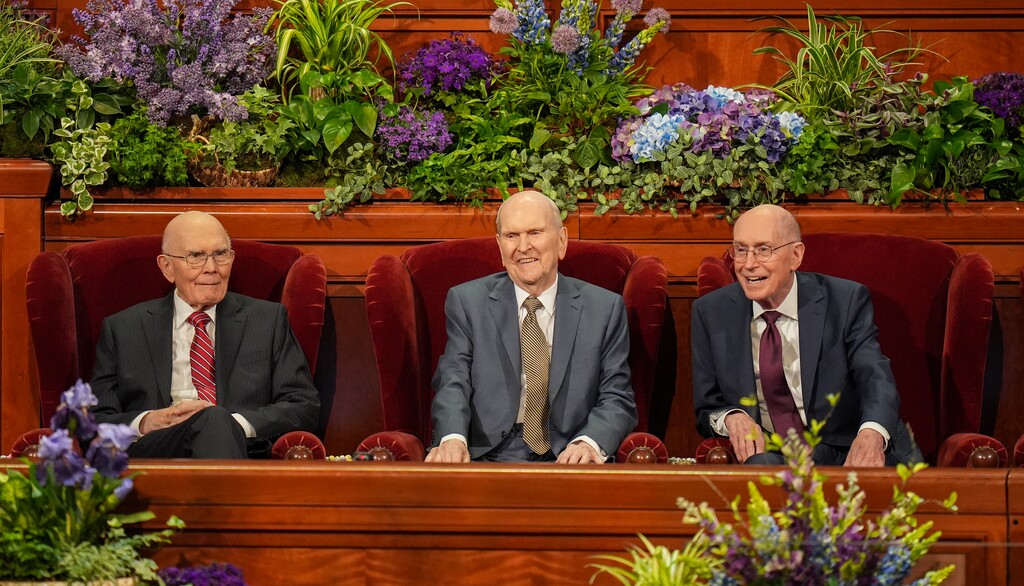 (Chris Samuels | The Salt Lake Tribune) President Russell M. Nelson, center, attends a session of General Conference of The Church of Jesus Christ of Latter-day Saints in Salt Lake City, Sunday, April 6, 2025.