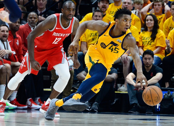 (Scott Sommerdorf | The Salt Lake Tribune)
Utah Jazz guard Donovan Mitchell (45) pivots after stealing the ball during late second half play. The Rockets beat the Jazz 100-87, Sunday, May 6, 2018.