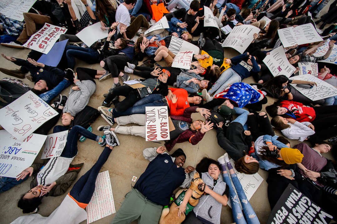 (Trent Nelson | The Salt Lake Tribune)  High school students staged a die-in at the Utah State Capitol in Salt Lake City to mark the anniversary of the Columbine High School massacre and call for action against gun violence, Friday April 20, 2018.
