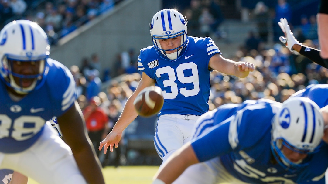 (Leah Hogsten  |  The Salt Lake Tribune) Brigham Young Cougars place kicker Jake Oldroyd’s (39) kick is good for the extra points as Brigham Young University takes on Idaho State, Saturday, Nov. 16, 2019 at LaVell Edwards Stadium.