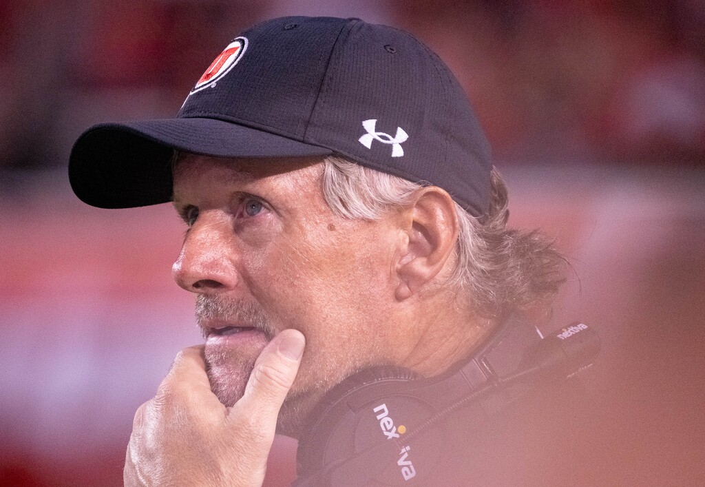 (Francisco Kjolseth | The Salt Lake Tribune) Utah coach Kyle Whittingham becomes emotional as he watches a tribute on the big screen to his former running back Ty Jordan during Utah’s game against the Weber State Wildcats in Salt Lake City on Thursday, Sept. 2, 2021.