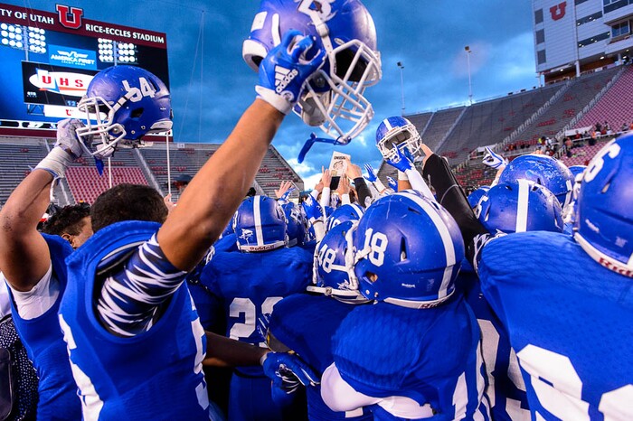 (Trent Nelson | The Salt Lake Tribune)  Bingham players celebrate defeating East in the Class 6A High School State Football Championship game in Salt Lake City, Friday November 17, 2017.