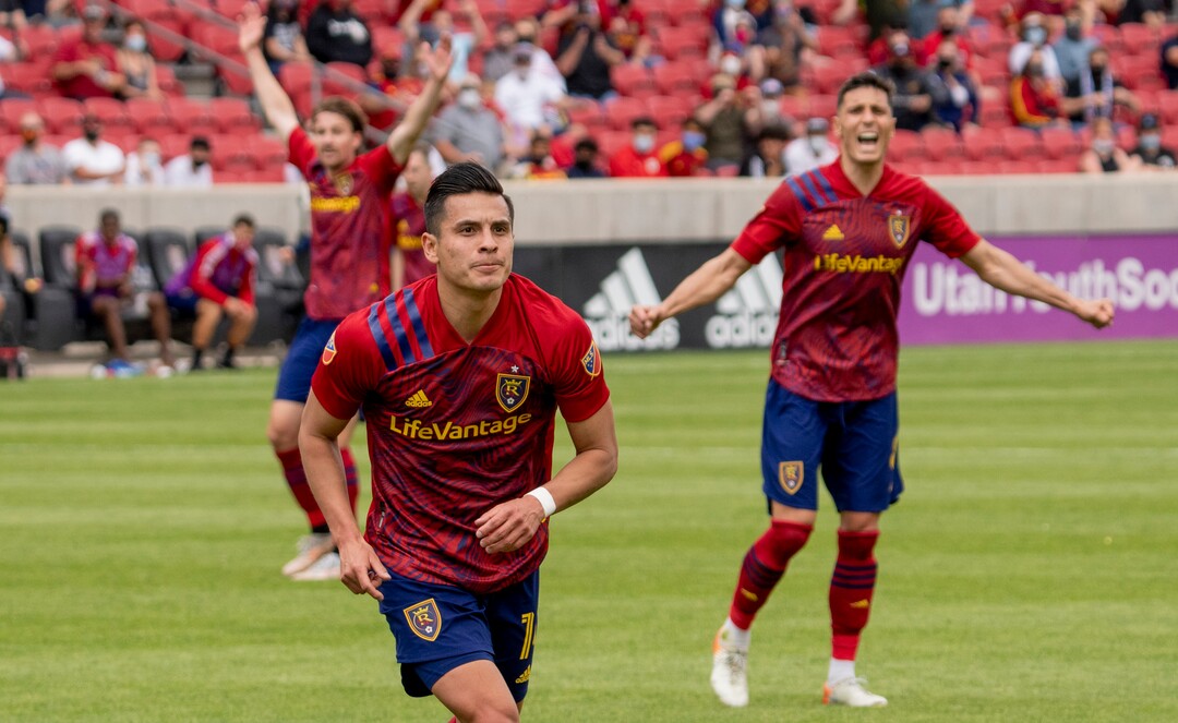 (Rick Egan | The Salt Lake Tribune)  Salt Lake forward Rubio Rubin (14) reacts after scoring his second goal of the day for Real Salt Lake, in MLS action between Real Salt Lake and Sporting Kansas City at Rio Tinto Stadium, on Saturday, May 1, 2021.