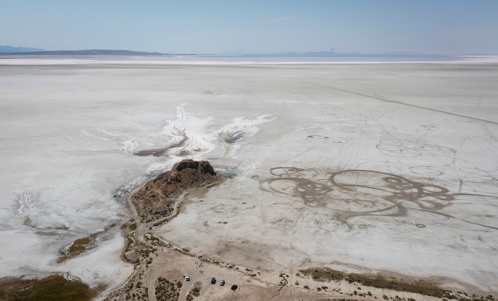 (Bethany Baker  |  The Salt Lake Tribune) Dry dust bed stretches for miles near Lone Rock along the northern arm of the Great Salt Lake near the site of the proposed Stratos Project south of Snowville on Monday, July 13, 2026.
