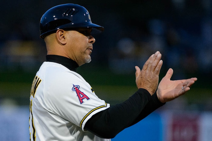 (Trent Nelson | The Salt Lake Tribune)  Salt Lake Bees vs. Albuquerque Isotopes, Triple-A baseball in Salt Lake City, Thursday April 5, 2018. Salt Lake Manager Keith Johnson in the third inning.