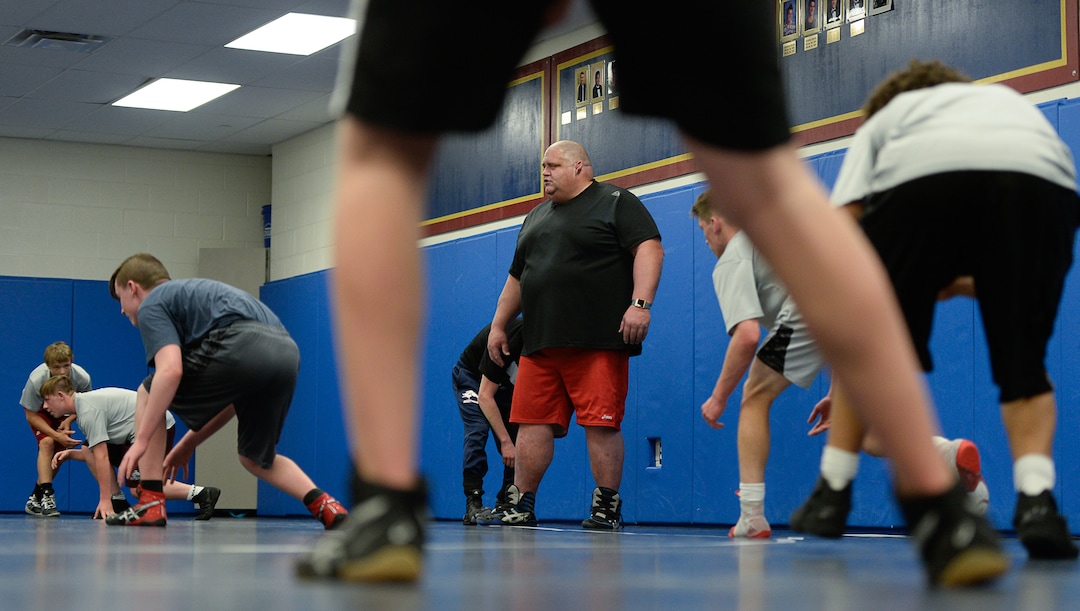(Francisco Kjolseth  |  The Salt Lake Tribune)  Olympic wrestling champion Rulon Gardner runs an introductory clinic with young wrestlers at Herriman High School after being introduced as the new coach on Wed. May 17, 2018. Gardner a retired Greco-Roman wrestler won the gold medal in 2000 and the bronze in 2004. 