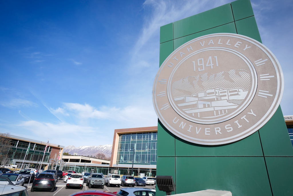 (Bethany Baker  |  The Salt Lake Tribune) A sign welcomes visitors at Utah Valley University in Orem on Wednesday, Dec. 11, 2024.