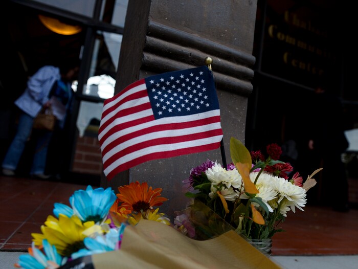 Leah Hogsten | The Salt Lake Tribune Flowers were left outside Chabad Lubavitch of Utah as members of Utah's Jewish and interfaith communities held a vigil and prayer service for the 11 people killed at the Tree of Life Synagogue in Pittsburgh, Monday, Oct. 29, 2018.
