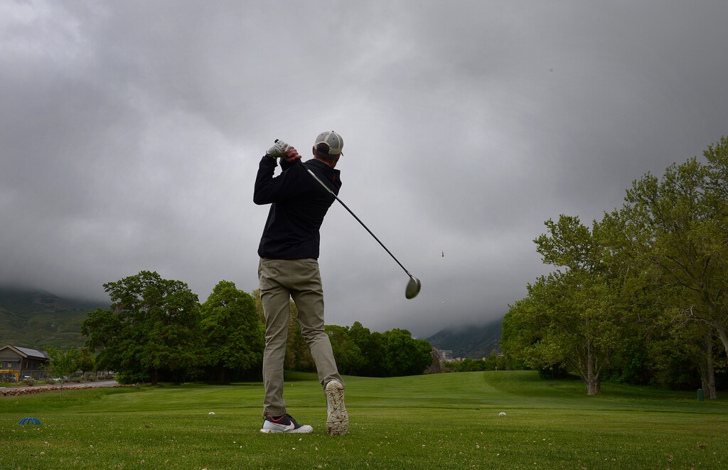 (Scott Sommerdorf | The Salt Lake Tribune)
Andrew Gerbus tees off on #11 at Bonneville Golf Course, Friday, May 11, 2018.