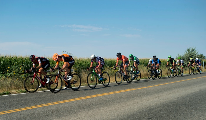 (Rick Egan  |  The Salt Lake Tribune)  Cyclists ride through Hooper, in stage 5, of the Tour of Utah, in Bountiful,Friday, August 4, 2017.


