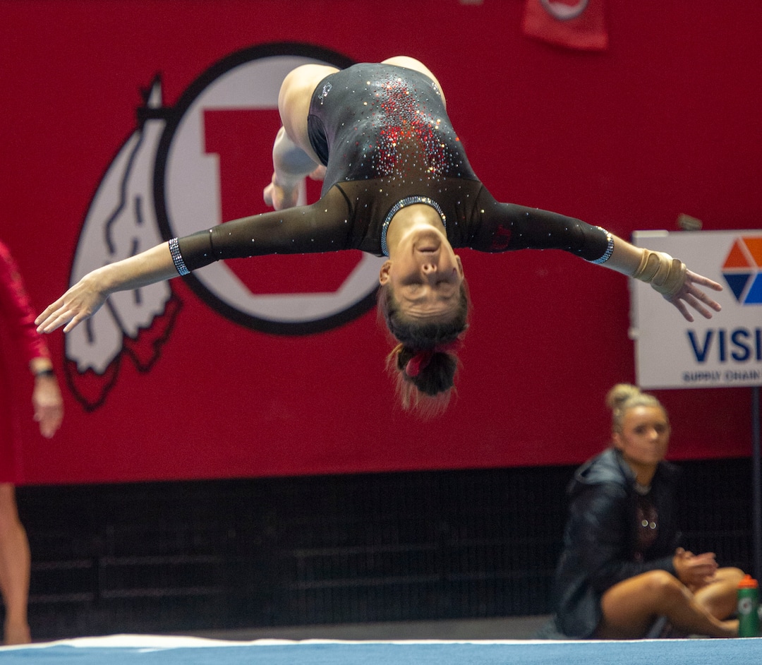 (Rick Egan  |  The Salt Lake Tribune)   Adrienne Randall competes on the floor for Utah, in PAC-12 gymnastics action between the UCLA Bruins and the University of Utah, at the Jon M. Huntsman Center, Saturday, Feb. 23, 2019.