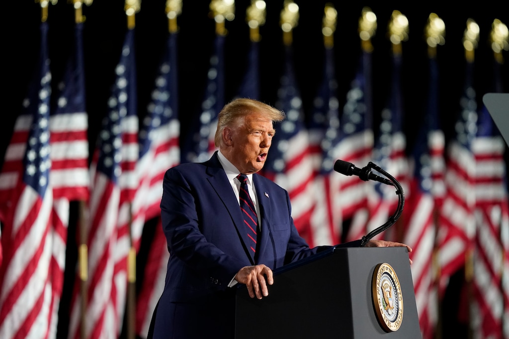 (Alex Brandon | The Associated Press) President Donald Trump speaks from the South Lawn of the White House on the fourth day of the Republican National Convention, Thursday, Aug. 27, 2020, in Washington.