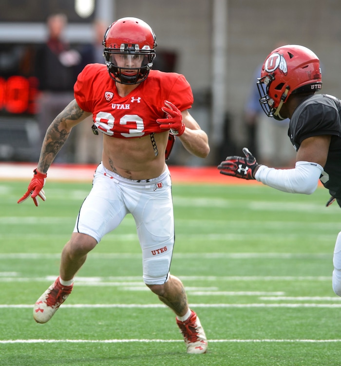 (Steve Griffin  |  The Salt Lake Tribune) Utah wide receiver Jameson Field runs a route during the University of Utah football team's first scrimmage at Rice-Eccles Stadium in Salt Lake City Friday March 30, 2018.