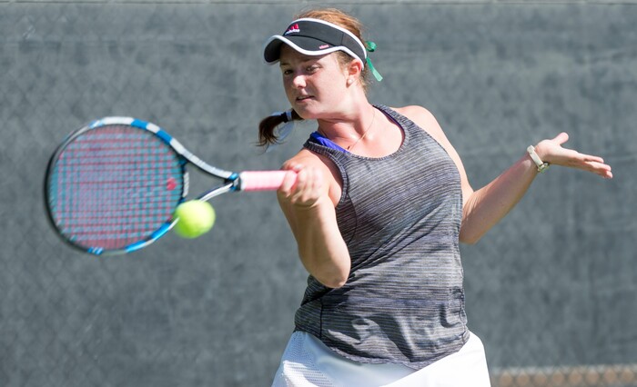 (Rick Egan  |  The Salt Lake Tribune)    Emma Jewell, Olympus, plays Emily Astle, Alta, in the 5A State High School tennis championship game. Friday, October 6, 2017.
