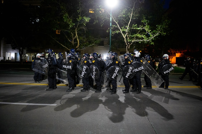 (Trent Nelson  |  The Salt Lake Tribune) Police in Salt Lake City on Monday, June 1, 2020.