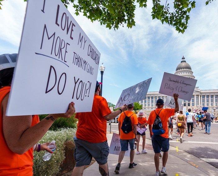 (Leah Hogsten | The Salt Lake Tribune) Hundreds of Utahns marched from West High School to the Capitol, Saturday, June 11, 2022, during the March For Our Lives SLC event. The march is in response to the most recent shootings in Uvalde, Buffalo and Tulsa to demand action from Utah legislators and congressmen to enact gun safety laws.