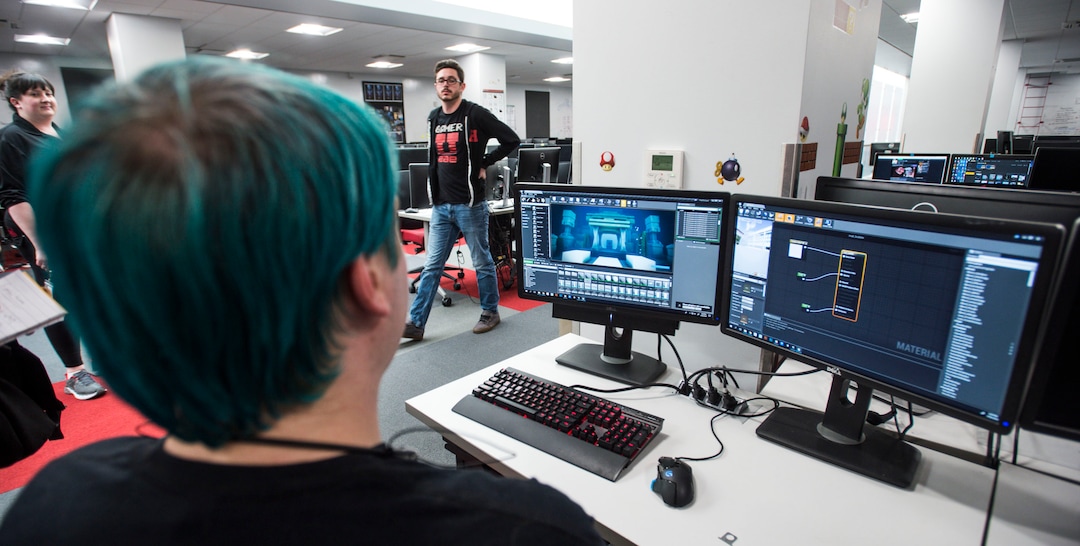 (Steve Griffin  |  The Salt Lake Tribune) Patrick Benson-Kingsland, a student in the University of Utah's Entertainment Arts & Engineering department (EAE), runs through the demonstration of his game during the department's  two-day event celebrating its 10th anniversary at the University of Utah in Salt Lake City Monday April 30, 2018. Tuesday is EAE Launch Day, where  students show off their game designs and finished games.