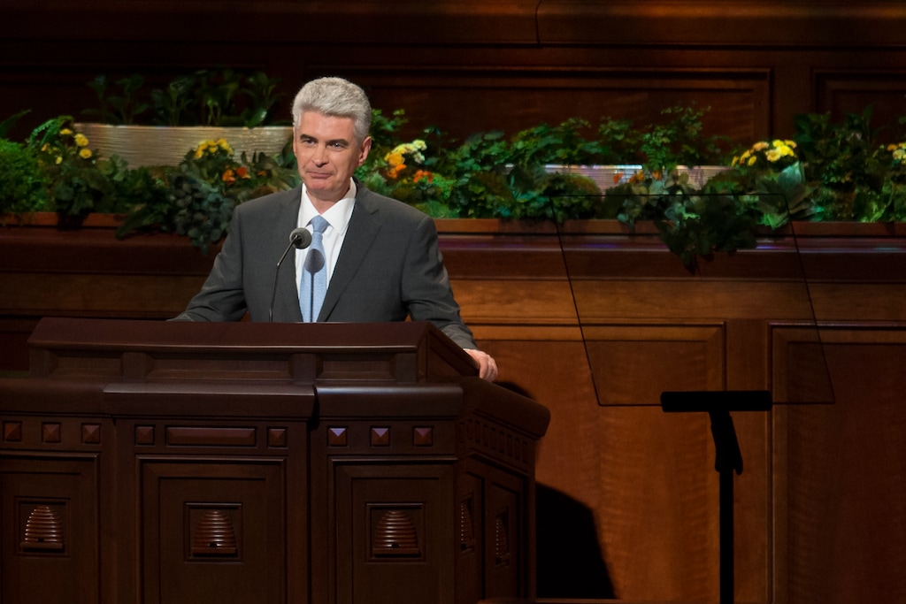 (Jeremy Harmon  |  The Salt Lake Tribune)  Presiding Bishop Gérald Caussé speaks during the Sunday afternoon session of General Conference on April 1, 2018.