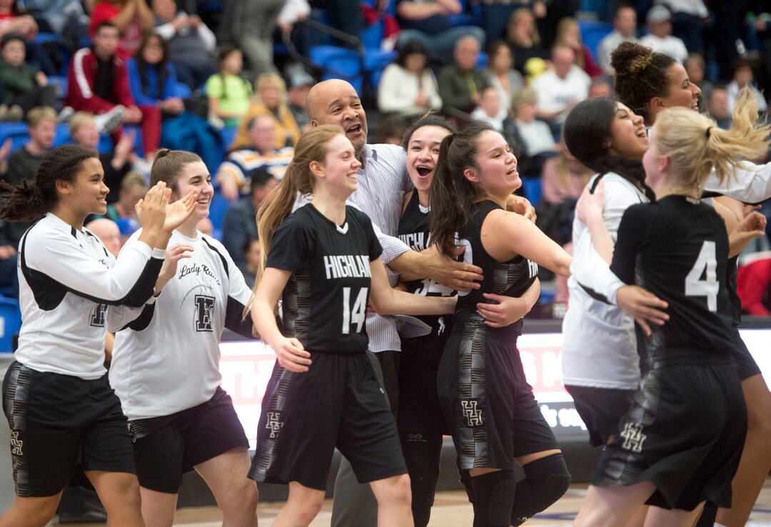 (Rick Egan  |  The Salt Lake Tribune)   The Highand High Rams celebrate their win over the Corner Canyon Chargers, in Class 5A women's basketball playoff game between Corner Canyon and Highland, Monday, Feb. 19, 2018.