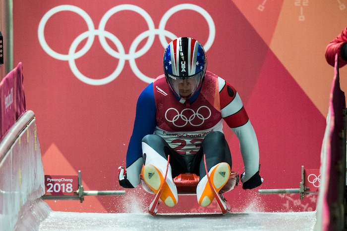 (Chris Detrick | The Salt Lake Tribune) South Jordan's Taylor Morris competes in the Men's Singles luge at the Olympic Sliding Centre during the Pyeongchang 2018 Winter Olympics Saturday, February 10, 2018. Morris finished this run in 15th place with a time of 48.072.