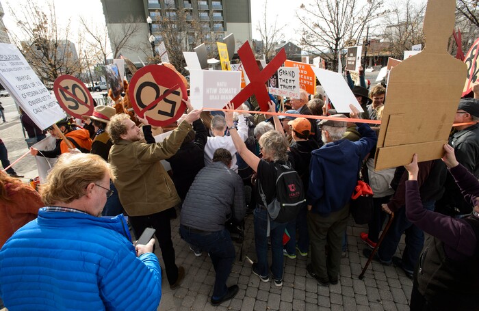 (Steve Griffin  |  The Salt Lake Tribune) Proponents of the Bears Ears and Grand Staircase-Escalante national monuments rally outside the Salt Palace Convention Center in Salt Lake City on Friday, Feb. 9, 2018. SUWA organized the rally where U.S. Secretary of the Interior Ryan Zinke was scheduled to speak during the Western Hunting and Conservation Expo.