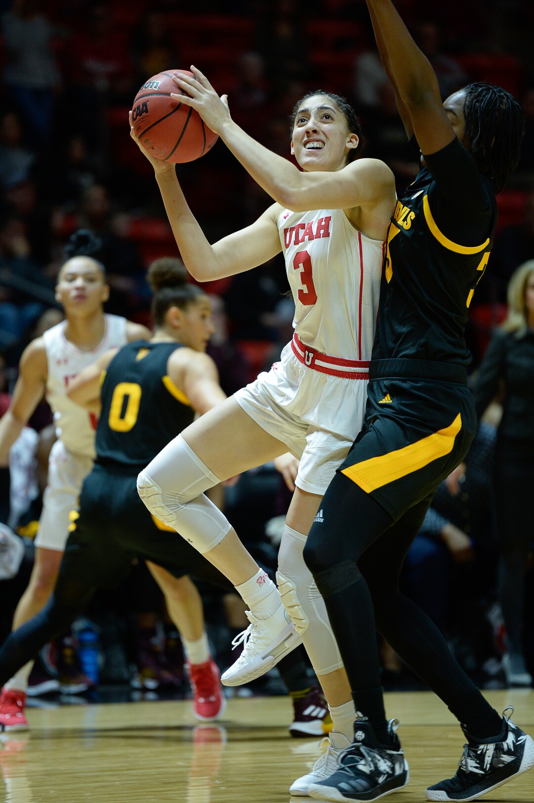 (Francisco Kjolseth  |  The Salt Lake Tribune)  Utah Utes guard/forward Niyah Becker (3) looks for her opening past ASU in Utes' Pac-12 home opener at the Jon M Huntsman Center on Friday, Jan. 4, 2019. They're off to one of their best starts in team history.