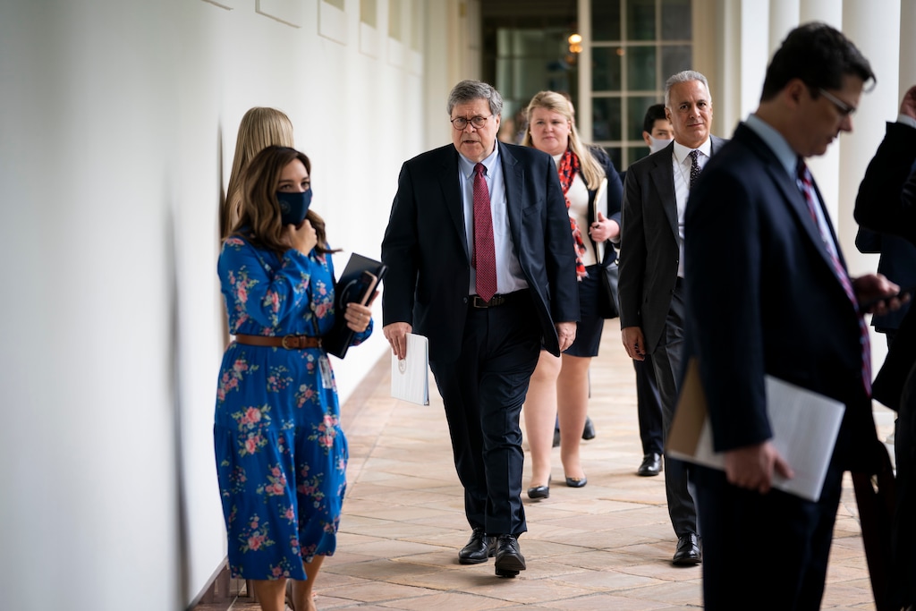 (Doug Mills | The New York Times) Attorney General William Barr arrives for an event at the White House in Washington, June 16, 2020. Overriding Barr's objections, the Republican-controlled Senate has advanced an effort to expand the power of the Justice Department’s independent watchdog to investigate allegations of ethical violations and misconduct.