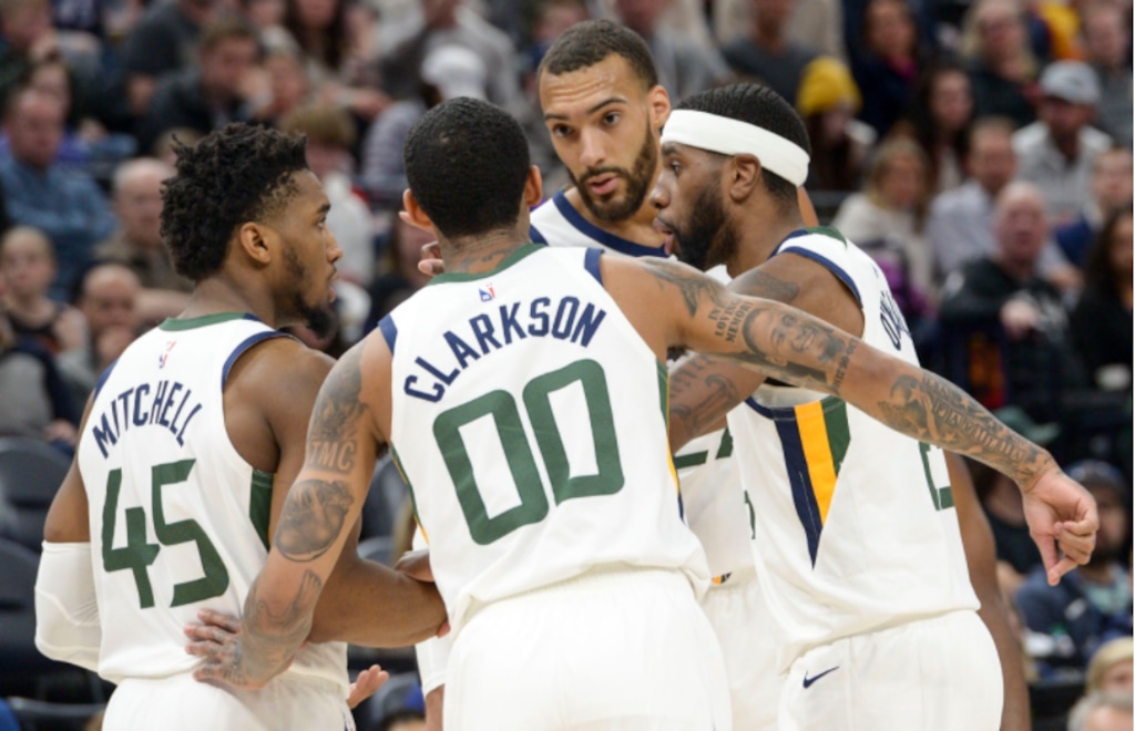 (Leah Hogsten | The Salt Lake Tribune) l-r Utah Jazz guard Donovan Mitchell (45), Utah Jazz guard Jordan Clarkson (00), Utah Jazz center Rudy Gobert (27) and Utah Jazz forward Royce O'Neale (23) try to get some momentum in the second half. The Utah Jazz lost to the Houston Rockets 110-120 at Vivint Arena, Feb. 22, 2020.