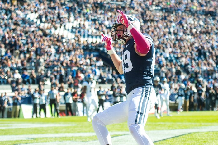(Chris Detrick  |  The Salt Lake Tribune)  Brigham Young Cougars tight end Matt Bushman (89) celebrates after scoring a touchdown during the game at LaVell Edwards Stadium Saturday, October 28, 2017.  
