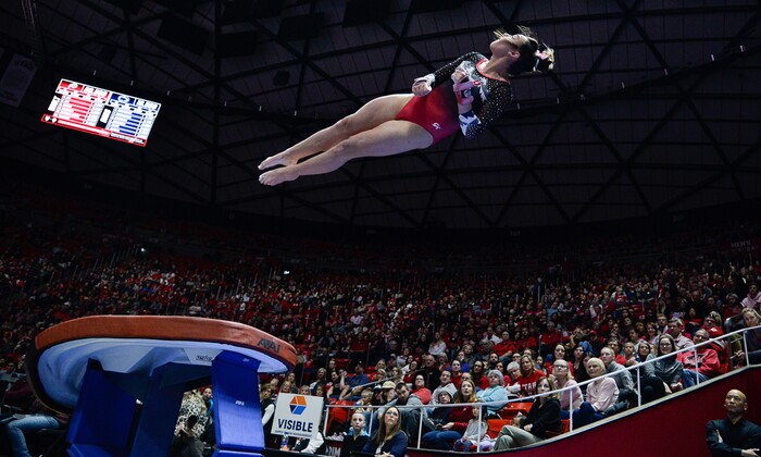 (Francisco Kjolseth  |  The Salt Lake Tribune)  Macey Roberts draws the crowd upwards as Utah hosts Penn State in their season opener at the Huntsman Center in Salt Lake City on Saturday, Jan. 5, 2019.