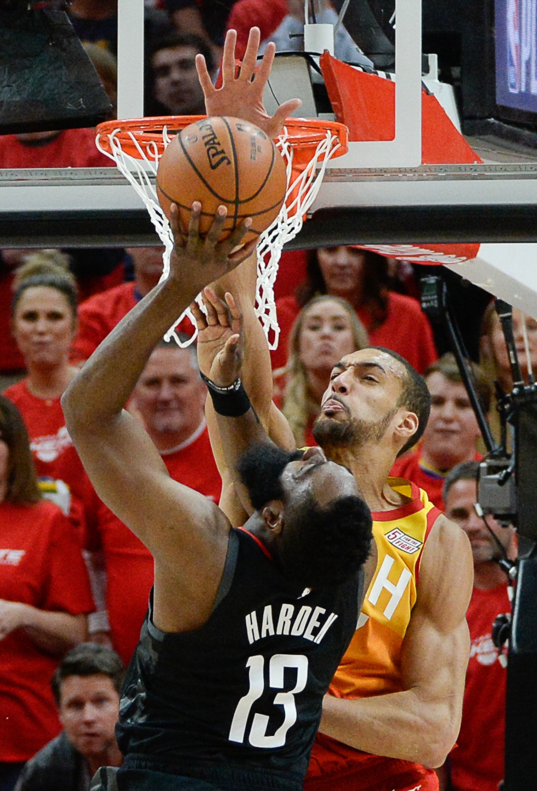 (Francisco Kjolseth  |  The Salt Lake Tribune)  Houston Rockets guard James Harden (13) hits a wall against Utah Jazz center Rudy Gobert (27) in Game 3 of a first-round NBA basketball playoff series in Salt Lake City, Saturday, April 20, 2019.