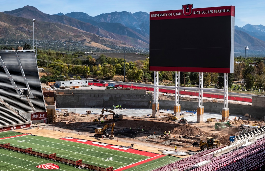 (Leah Hogsten | The Salt Lake Tribune) The University of Utah football team will be back on the field in Pac-12 play at Rice-Eccles Stadium despite the ongoing expansion project at the stadium's south end, Sept. 28, 2020.The expansion project will allow Rice Eccles to go from a capacity of 45,087 to 51,444 in both premium and non-premium seating.