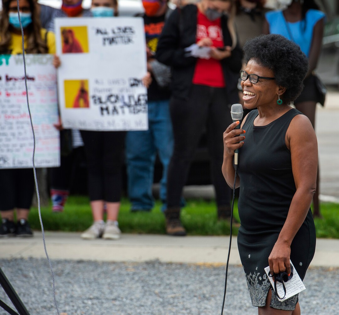 (Rick Egan  |  The Salt Lake Tribune) Victoria Sethunya speaks during a demonstration against police brutality at Pioneer Park on Saturday, June 13, 2020.