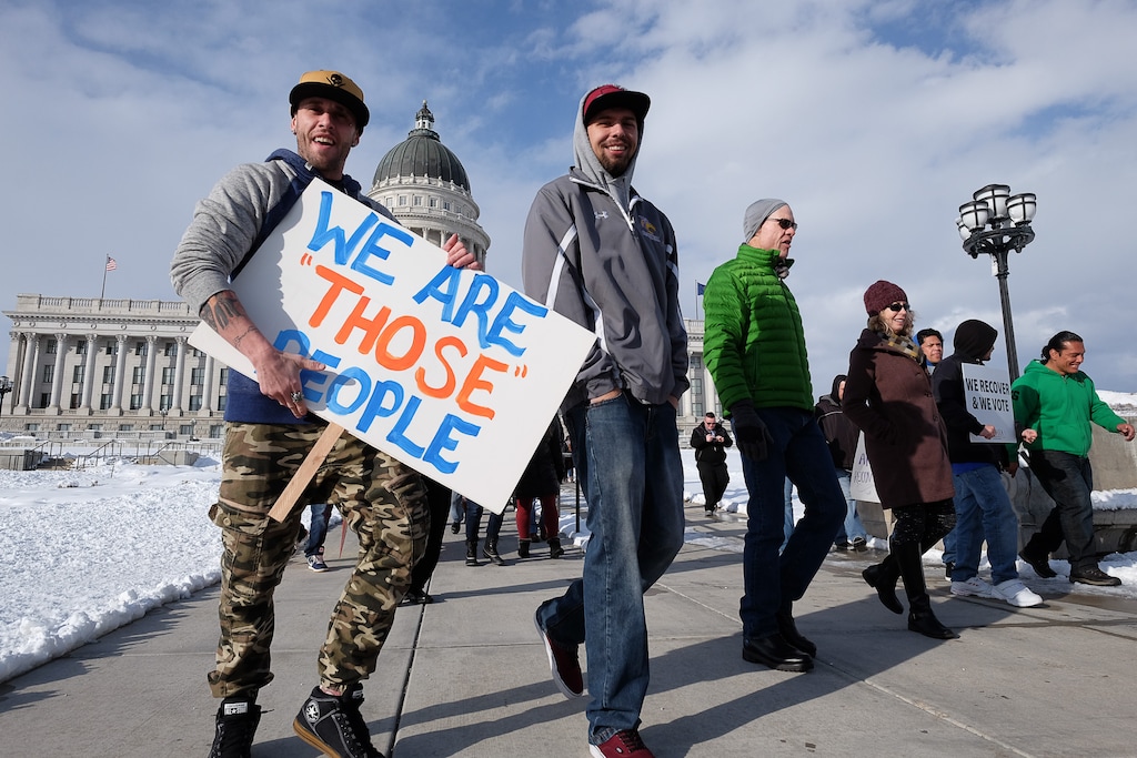 (Francisco Kjolseth  |  The Salt Lake Tribune)  Hundreds gather at the Utah Capitol to rally for mental illness and addiction recovery while working to increase access to healthcare, mental health, affordable housing and treatment and recovery support on Tuesday, Feb. 20, 2018.