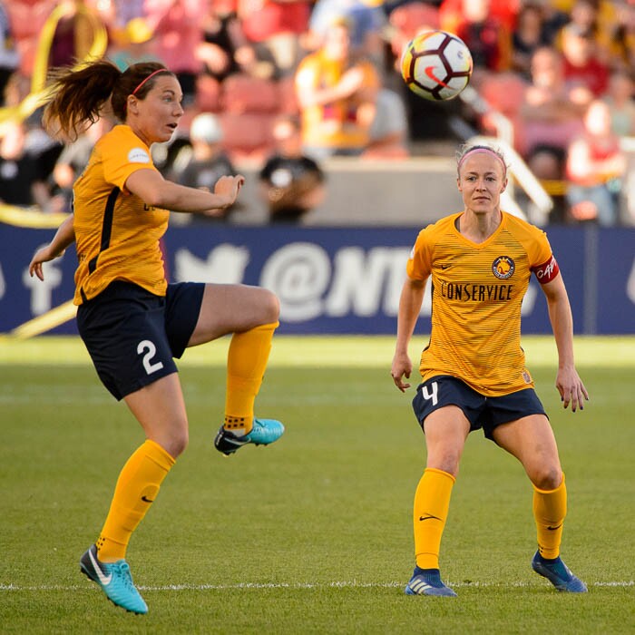 (Trent Nelson | The Salt Lake Tribune)  Utah Royals host Orlando Pride at Rio Tinto Stadium in Sandy, Wednesday May 9, 2018. Utah Royals FC defender Rachel Corsie (2) and Utah Royals FC defender Becky Sauerbrunn (4).