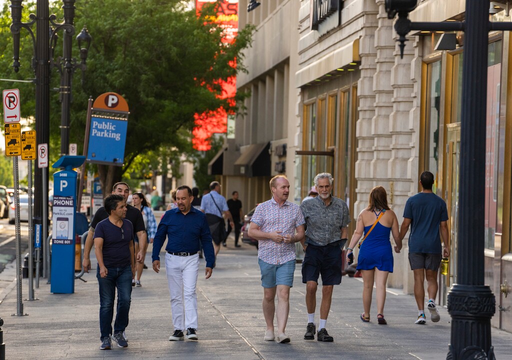(Rick Egan | The Salt Lake Tribune)  Pedestrians stroll in the open streets portion of Salt Lake City's Main Street on Saturday, Aug. 13, 2022. A new study shows downtown has bounced back faster than all other cities surveyed.