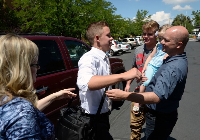 Al Hartmann  |  The Salt Lake TribuneMissionaries have just enough time to unload their luggage and hug their family members goodbye at the Missionary Training Center in Provo Wednesday July 26. 